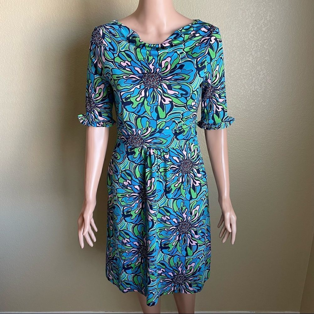 Lilly Pulitzer Silk Floral Print 3/4 Sleeve Dress Blue Green Pink Size Small